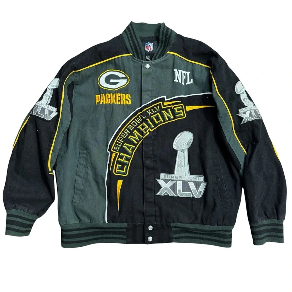 NFL Packers Champions Bomber Button Jacket - Black and Green XXL